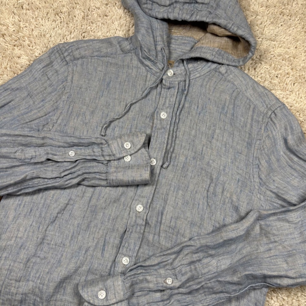Sonrisa Luxury Shirt Mens S Blue Linen Button Up Hooded Long Sleeve Italy